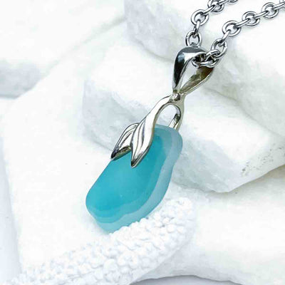 Mermaid Tail Turquoise and Crystal Clear Sea Glass Pendant 