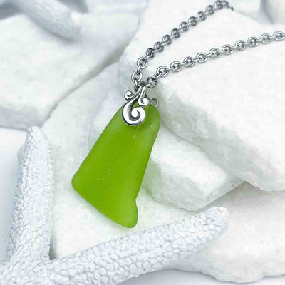 Edgy Lime Green Sea Glass Pendant with Ocean Waves Bail