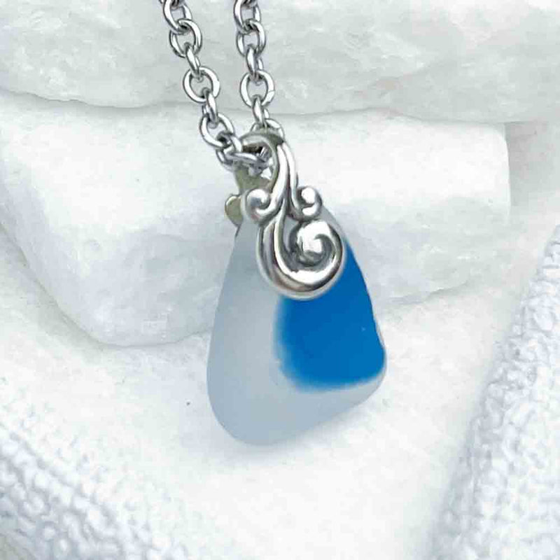 Drop of Blue English Multi Sea Glass Pendant with Ocean Waves Bail 