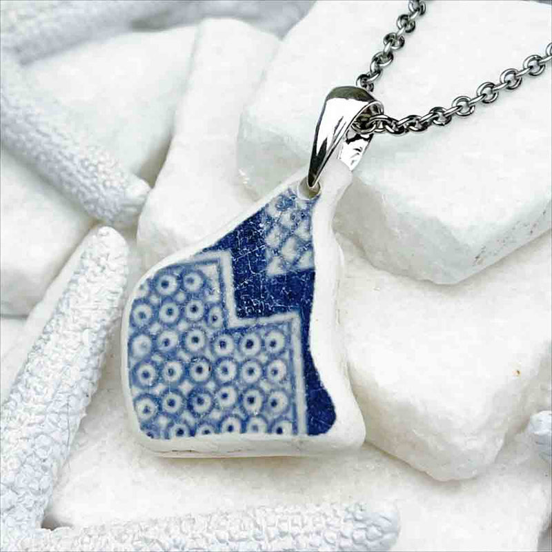Sea Shard Pottery Pendant with Geometric Blue and White Design 