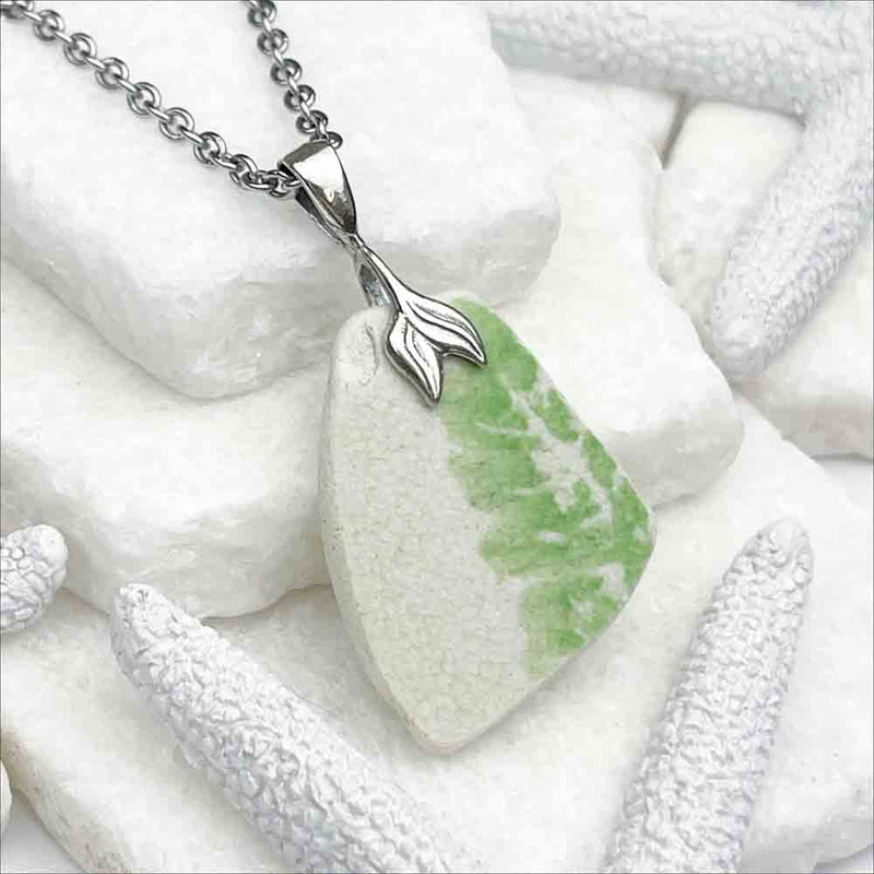 Lime Green Painted Leaf Sea Pottery Shard Pendant with Mermaid Tail 