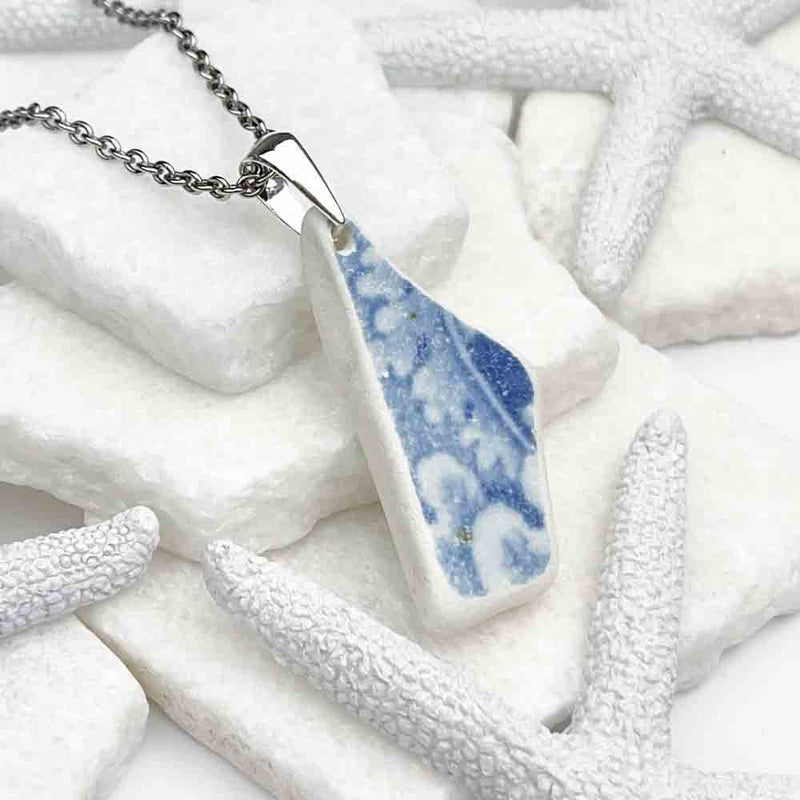 Blue and White Antique Floral Sea Pottery Shard Pendant