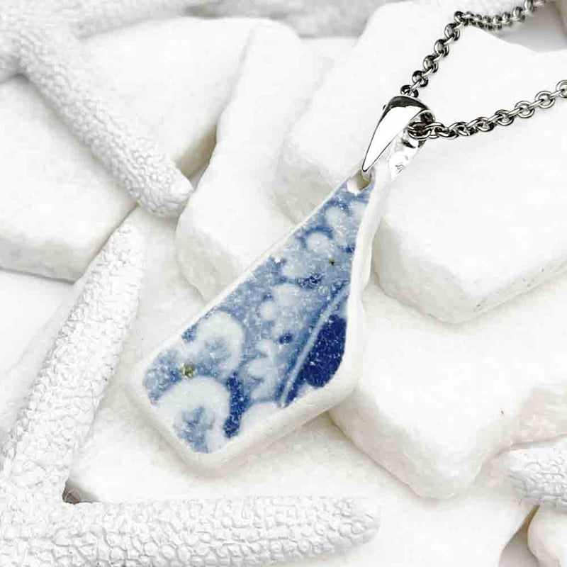 Blue and White Antique Floral Sea Pottery Shard Pendant