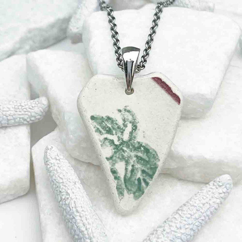 Sea Pottery Heart Pendant with Green Leaf and a Hint of Dark Rose Pink