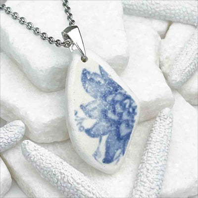 In Bloom Blue and White Sea Shard Pottery Pendant | Real Sea Glass