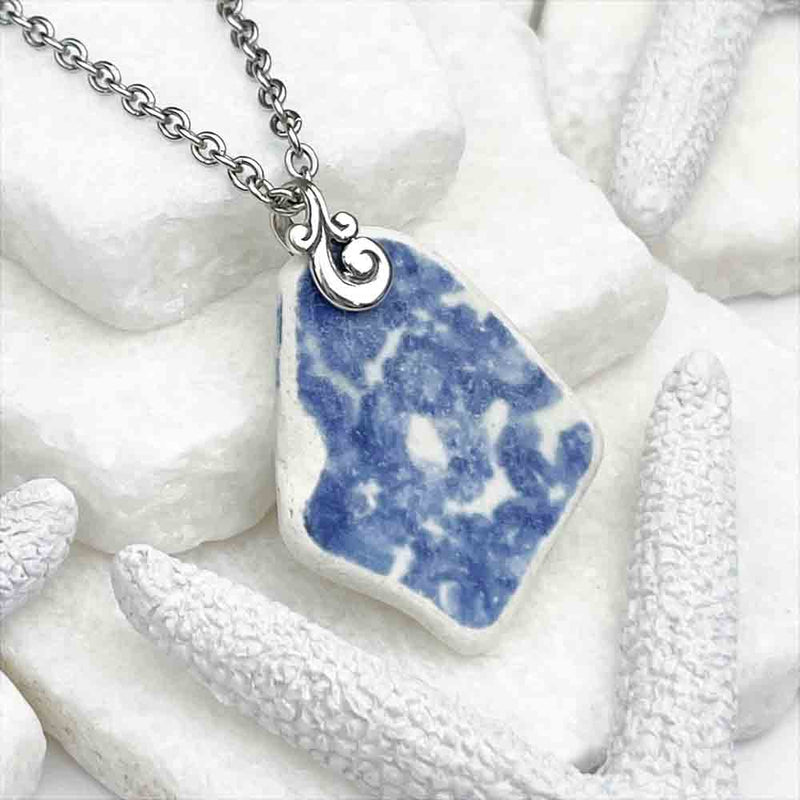 White and Blue Floral Stamped Sea Shard Pottery Pendant 