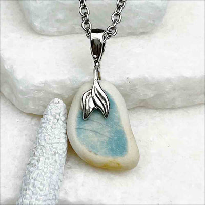 Sky-Blue Painted Sea Shard Pottery Pendant with Sterling Silver Mermaid Tail