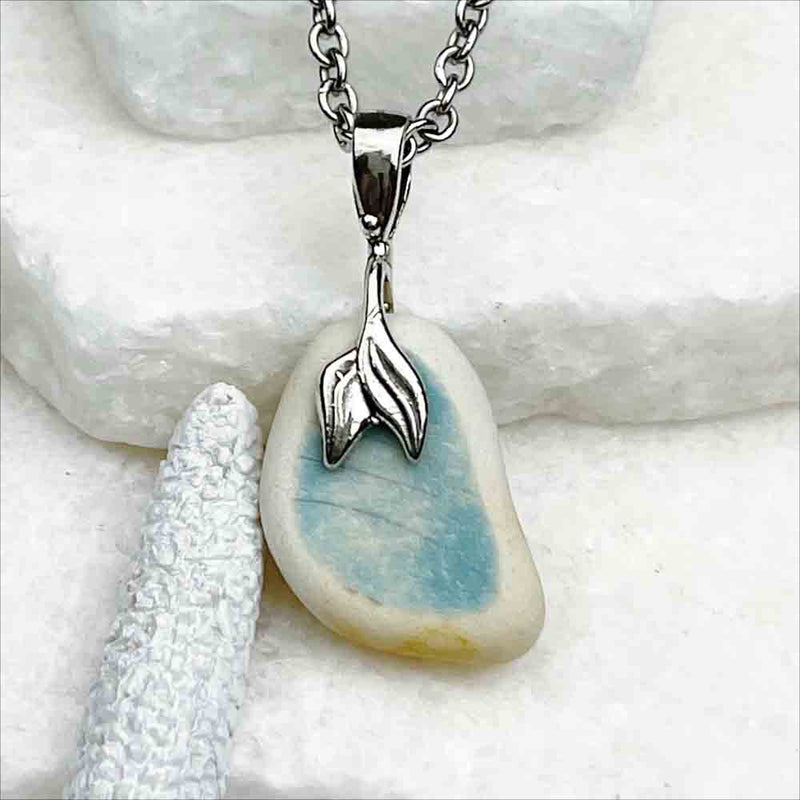Sky-Blue Painted Sea Shard Pottery Pendant with Sterling Silver Mermaid Tail