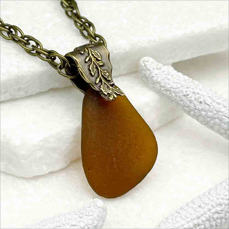 Rich Rootbeer Sea Glass Pendant with Bronze Decorative Bail