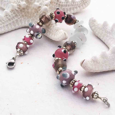 Clear Sea Glass and Rose to Gray Lampwork Glass Bracelet