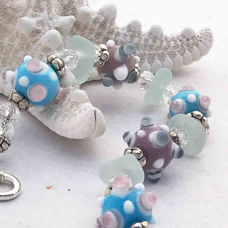 Aqua Sea Glass and Sky & Heather Lampowork Glass Bracelet