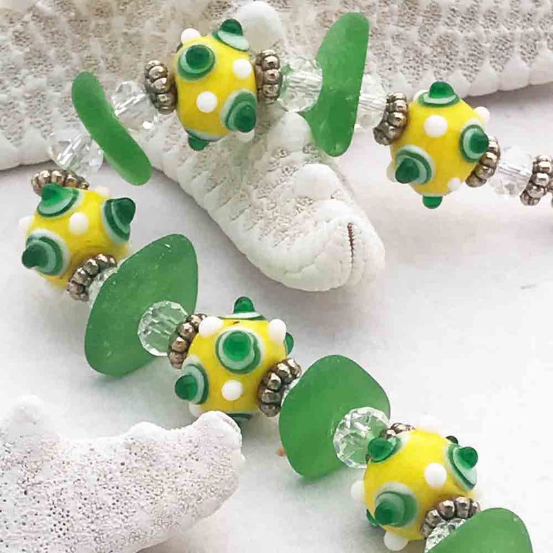 Kelly Green Sea Glass with Bright Yellow and Green Lampwork Glass Bracelet