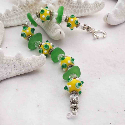 Kelly Green Sea Glass with Bright Yellow and Green Lampwork Glass Bracelet