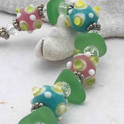 Bright Kelly Green Sea Glass with Spring-Colored Lampwork Glass Bracelet