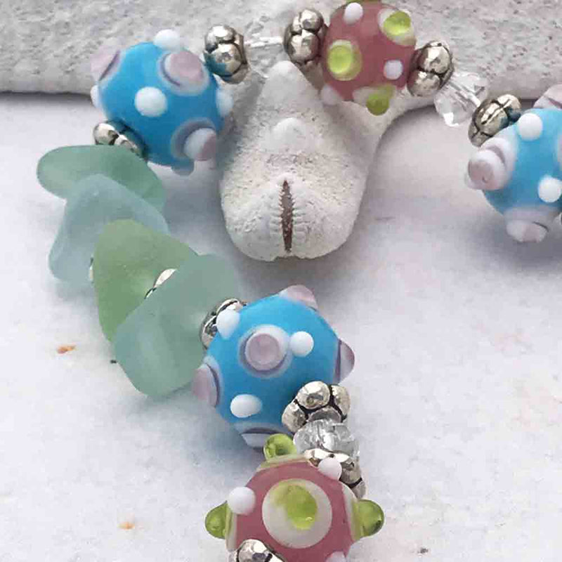 Seafoam & Soft Blue Sea Glass and Lampowork Glass Bracelet