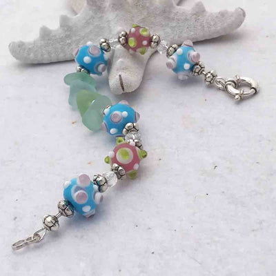 Seafoam & Soft Blue Sea Glass and Lampowork Glass Bracelet