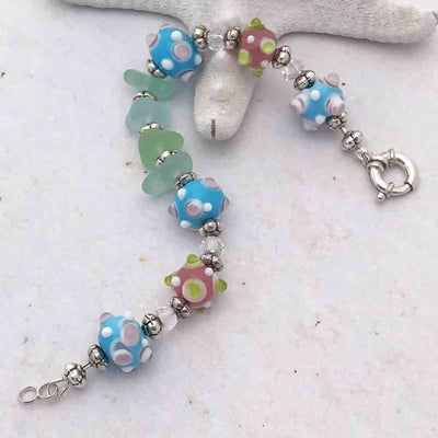 Seafoam & Soft Blue Sea Glass and Lampowork Glass Bracelet