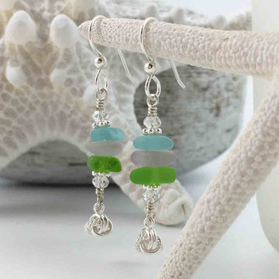 Bright Pastels Sea Glass Sea Stack Earrings with Love Knot Charms