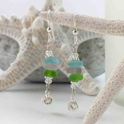 Bright Pastels Sea Glass Sea Stack Earrings with Love Knot Charms