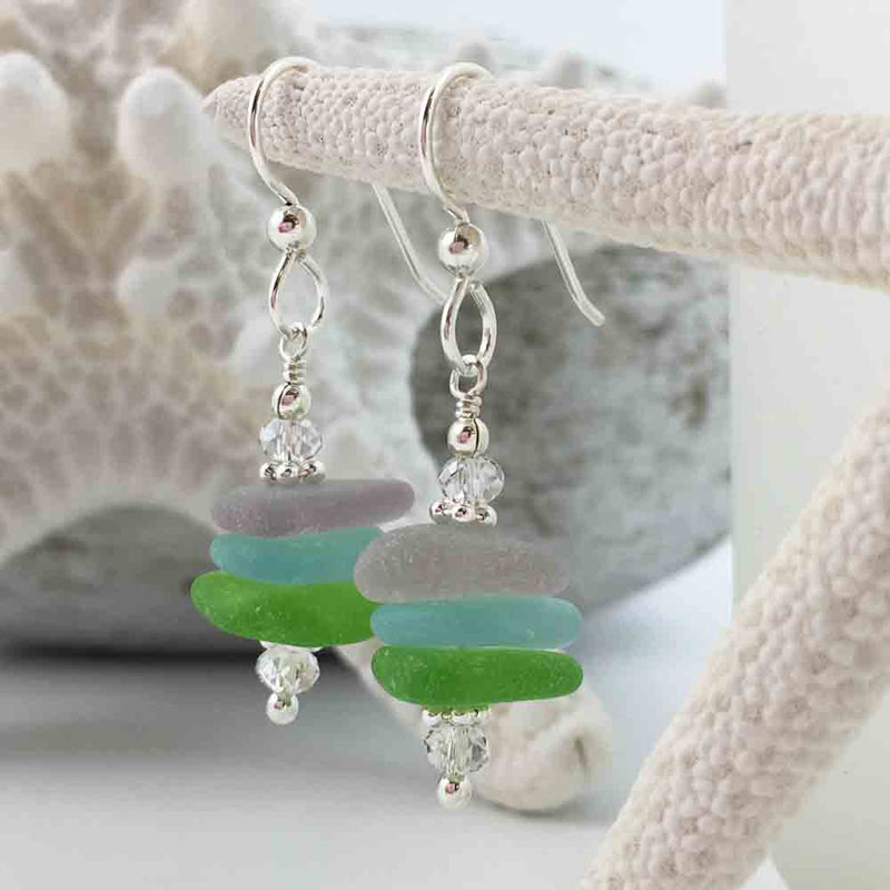 Soft Blue, Sun Purple & Lime Green Sea Glass Sea Stack Earrings with Swarovski Crystals