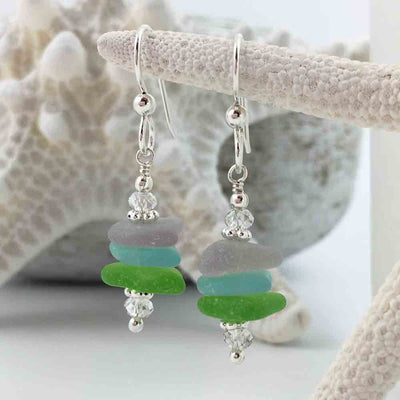 Soft Blue, Sun Purple & Lime Green Sea Glass Sea Stack Earrings with Swarovski Crystals