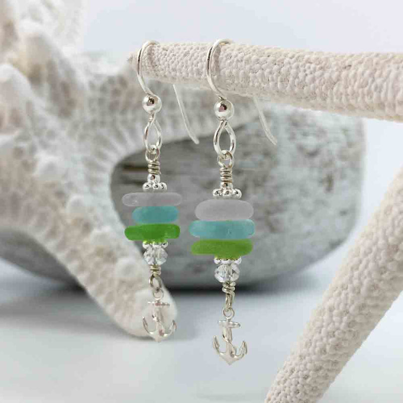 Bright Pastels Sea Glass Sea Stack Earrings with Tiny Anchor Charms