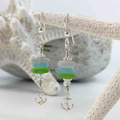 White Genuine Sea Glass Earrings On Gold With Shell Charms (GFE23-20)