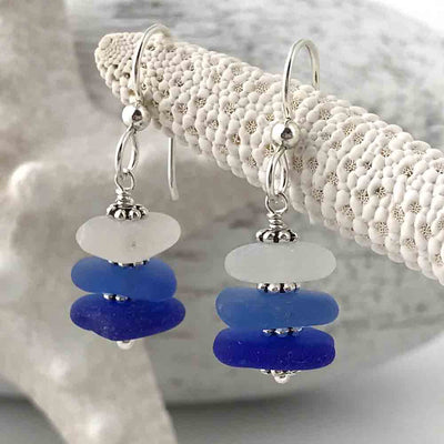 Cobalt Blue, Crystal Clear and Cornflower Blue Sea Glass Sea Stack Earrings