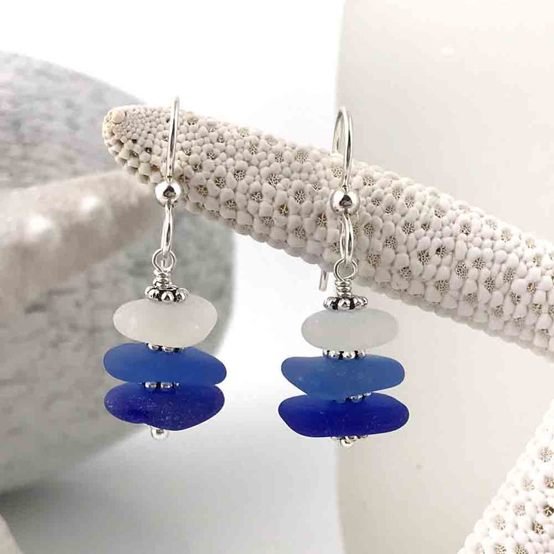 Cobalt Blue, Crystal Clear and Cornflower Blue Sea Glass Sea Stack Earrings