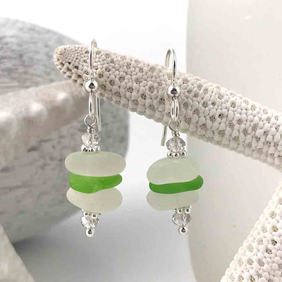Lime Green Banded Sea Glass Sea Stack Earrings with Swarovski Crystals