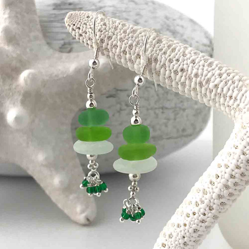 Lime Green, Crystal Clear and Kelly Green Sea Glass Sea Stack Earrings with Green Bead Tassels