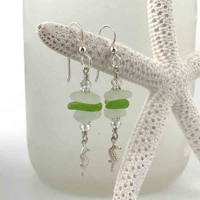 Lime Green and Crystal Clear Sea Glass Sea Stack Earrings with Seahorse Charms