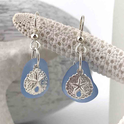 Light Cornflower Blue Sea Glass Earrings with Sterling Sand Dollar Charms