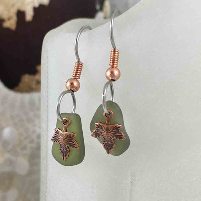 Clear Olive Green Sea Glass Earrings on Copper with Leaf Charms