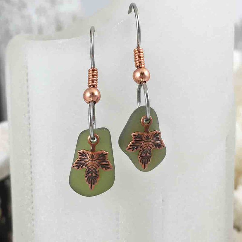Clear Olive Green Sea Glass Earrings on Copper with Leaf Charms