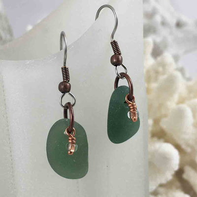 Soft Olive Green Sea Glass Earrings with Copper-Lined Dangles