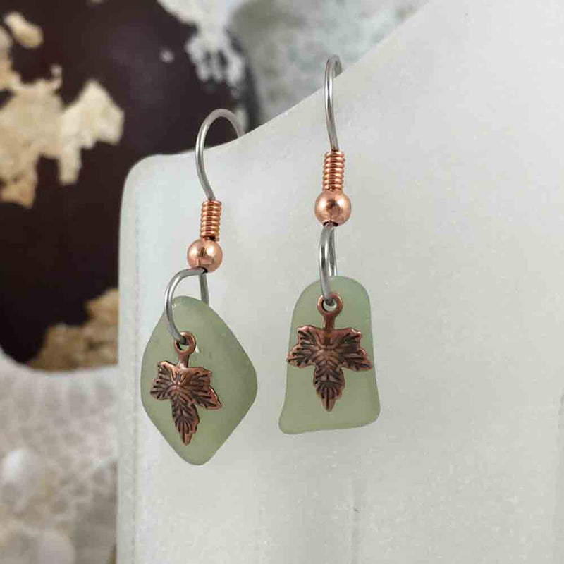 Lightest Gray Olive Green Sea Glass Earrings with Leaf Charms