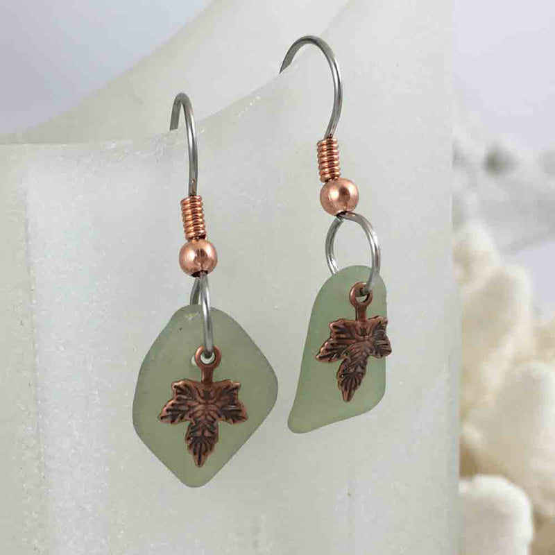 Lightest Gray Olive Green Sea Glass Earrings with Leaf Charms