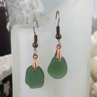 Thick Bright Olive Green Sea Glass Earrings in Copper