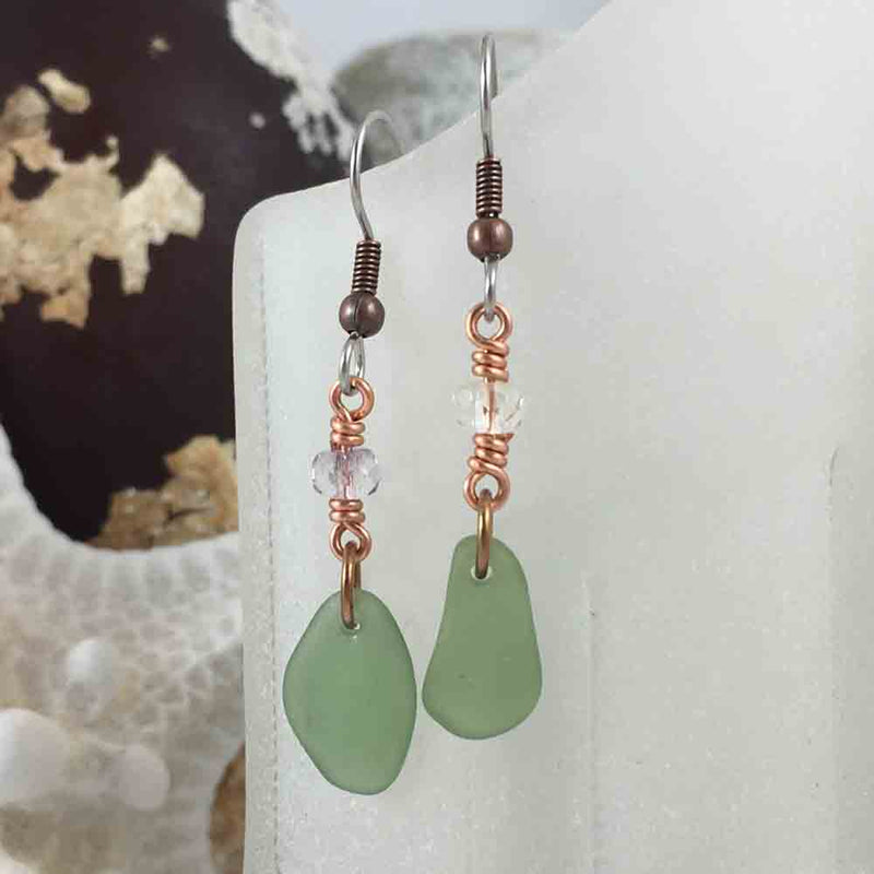 Light Olive Green Sea Glass Earrings in Copper with Crystals