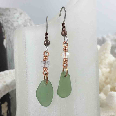 Light Olive Green Sea Glass Earrings in Copper with Crystals
