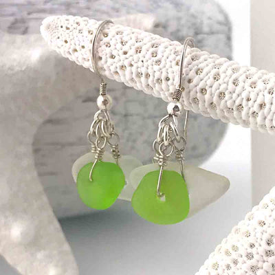Lime Green & Crystal Clear Sea Glass Cluster Earrings in Sterling Silver