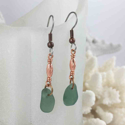 Grayed Olive Green Sea Glass Earrings in Copper