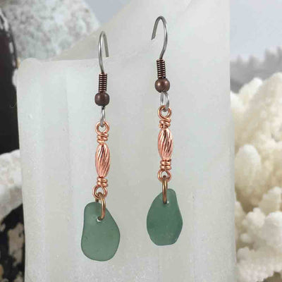 Grayed Olive Green Sea Glass Earrings in Copper