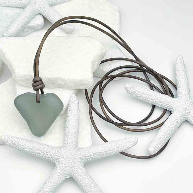 Vintage Automobile Gray Heart Sea Glass Leather Necklace 