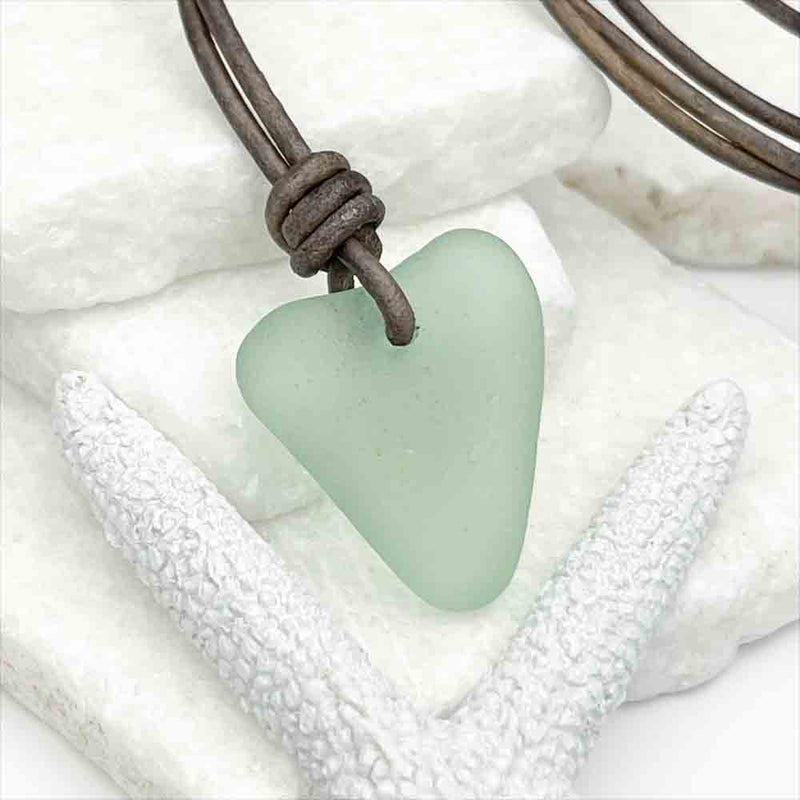 Heart-Shaped Seafoam Sea Glass Leather Necklace | Real Sea Glass