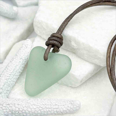 Heart-Shaped Seafoam Sea Glass Leather Necklace | Real Sea Glass
