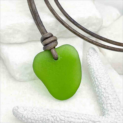 Heart-Shaped Kelly Green Sea Glass Leather Necklace | Real Sea Glass