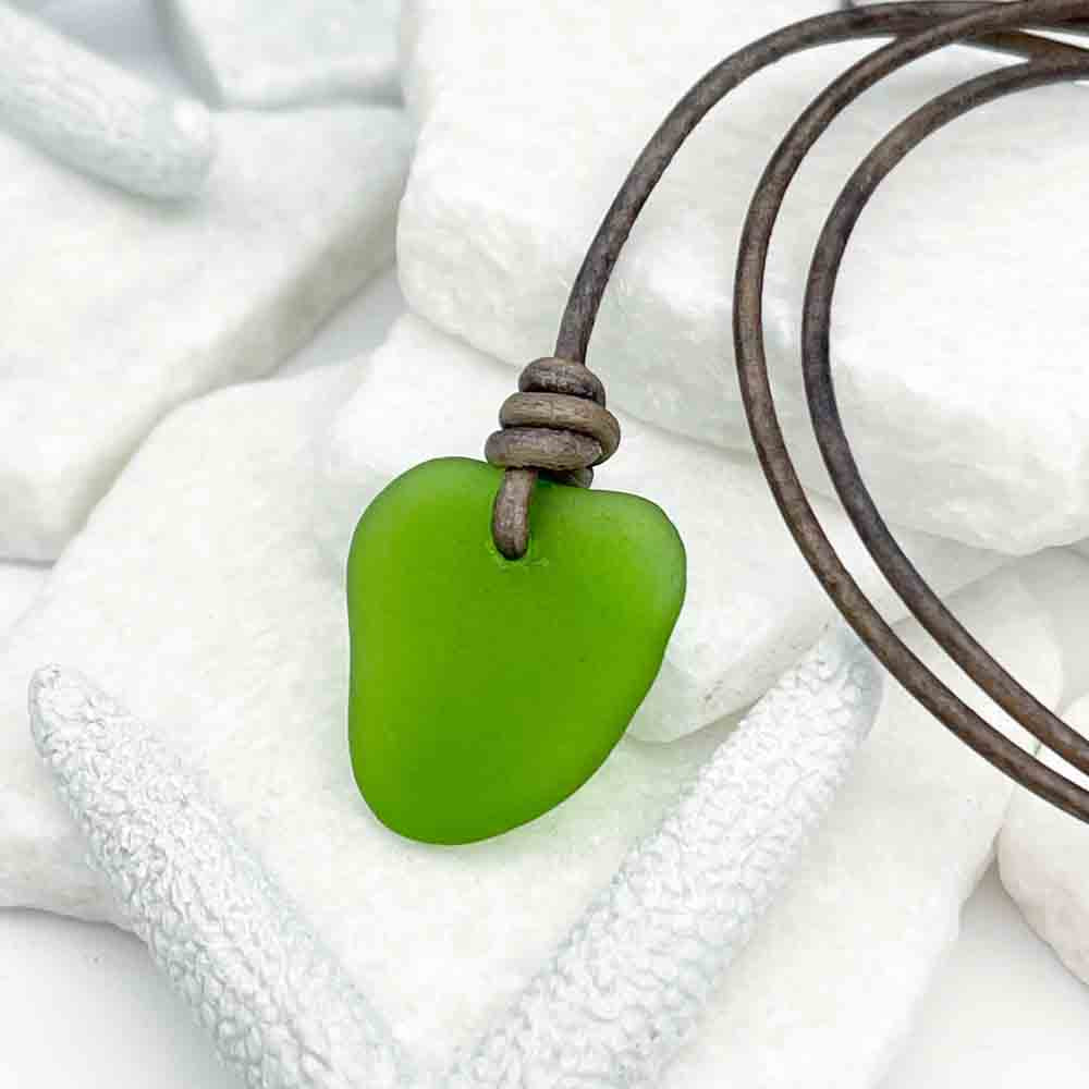 Heart-Shaped Kelly Green Sea Glass Leather Necklace | Real