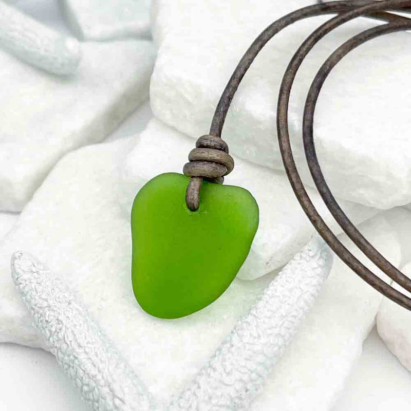 Heart-Shaped Kelly Green Sea Glass Leather Necklace | Real Sea Glass
